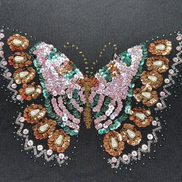 Vintage Lucia Burns Top Womens Large Black Y2K Butterfly Fairy Stretch Beaded L - Picture 3 of 11
